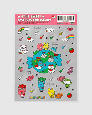 Cartoon sticker sheet with cute animals, stars, hearts, and rainbow elements