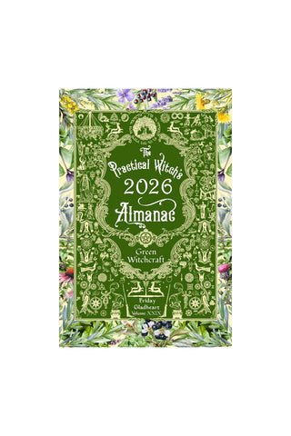 The Practical Witch's 2026 Almanac featuring a green and white ornate illustration design with a botanical border of purple flowers and green leaves.
