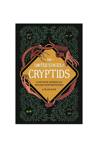 Book cover with illustrated cryptids, dark foliage, and gold pentagon title text