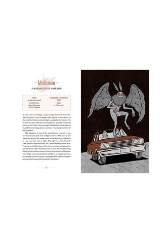 Book spread with “Mothman” page text and illustration of winged creature by a car