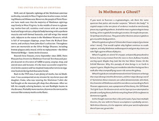 Open book pages with dense paragraphs and side panel titled “Is Mothman a Ghost?”