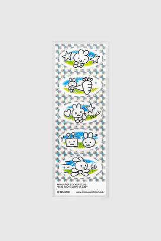 Set of stickers with cartoon characters on a checkered background