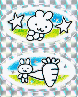 Cartoon character with stars and a carrot on a checkered background