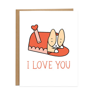 Illustration of a dog in a red mailbox with 'I LOVE YOU' text on a white background