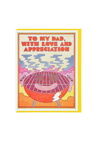 Card with a grill illustration and text 'To my dad, with love and appreciation' on a white background