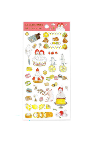 Sheet of decorative stickers with cartoon characters and food items on a white background