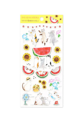 Sheet of decorative stickers with cats, watermelons, and flowers on a white background