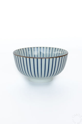 Ceramic bowl with blue stripes on a white background