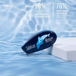 Blue tape dispenser with recycled fishing nets text on water background