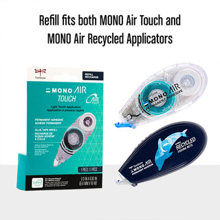 Tombow Mono Air Touch and Mono Air Recycled applicators with packaging on a white background