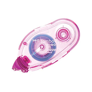 Pink and clear tape dispenser with 'Tombow' branding on a white background
