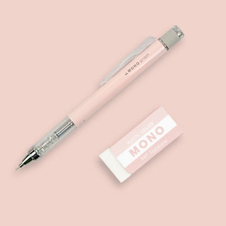 Coral pink pencil and eraser set with 'MONO' branding on a pink background