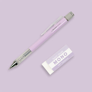 Lavender pencil and eraser set on a light purple background