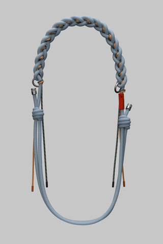 A light blue braided rope with metal hardware, small orange accents, and a longer blue rope handle on a solid gray background.
