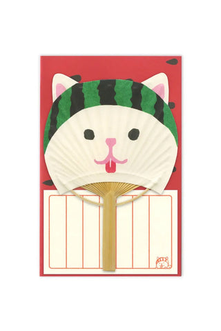 Handheld fan with cat design and watermelon pattern on a red background
