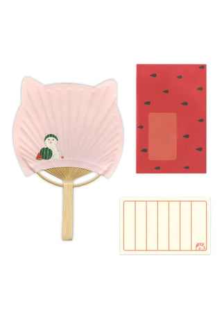 Pink fan with cat ears, red envelope with watermelon design, and white letter paper on a white background