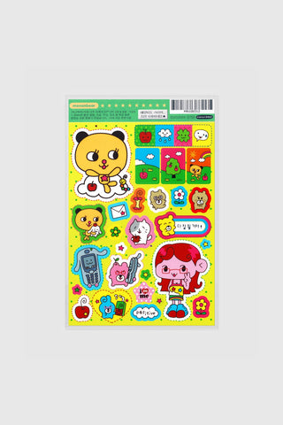 Sheet of colorful stickers with cartoon characters on a white background