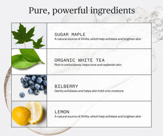 List of skincare ingredients with images and descriptions on a white background