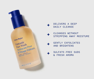 Ursa Major Fantastic Face Wash bottle with blue pump on a white background