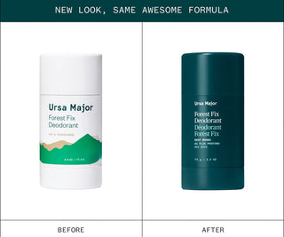 Ursa Major Forest Fix Deodorant before and after design comparison on a white background.