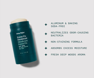 Ursa Major Forest Fix Deodorant stick on a light gray background with product features listed.