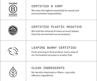 Certification badges for a brand on a white background