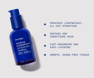 Blue bottle of Ursa Major Fortifying Gel Moisturizer with text on a light gray background