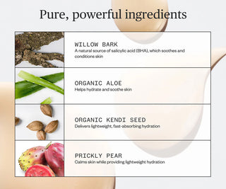 Skincare product with listed ingredients including willow bark, organic aloe, kendi seed, and prickly pear on a white background.