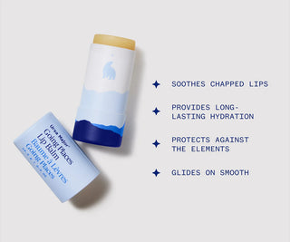 Lip balm tubes with text highlighting their benefits on a light gray background