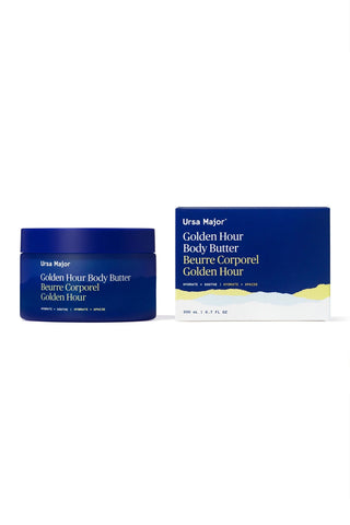 Blue body butter jar and box, Golden Hour label