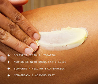Body butter spread on skin with hand, creamy white layer