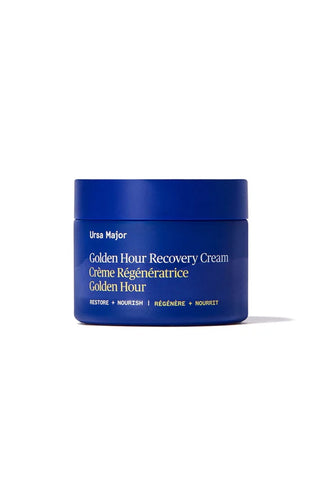 Blue jar of Ursa Major Golden Hour Recovery Cream on a white background