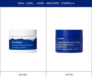 Two containers of Ursa Major Golden Hour Recovery Cream, one labeled 'Before' and the other 'After', on a white background with blue accents.