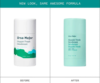 Two versions of Ursa Major deodorant bottles, labeled 'Before' and 'After', with text 'New Look, Same Awesome Formula'.