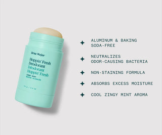 Ursa Major deodorant stick with features listed on a light gray background