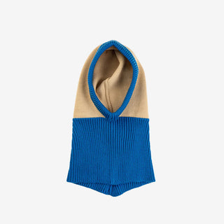 Blue and beige knitted hood on a white background