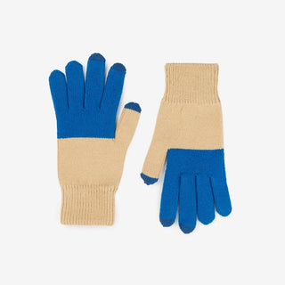 Pair of gloves with blue and beige color block design on a white background