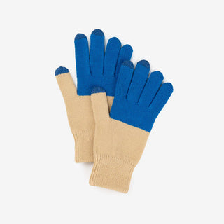 Pair of beige gloves with blue tips on a white background