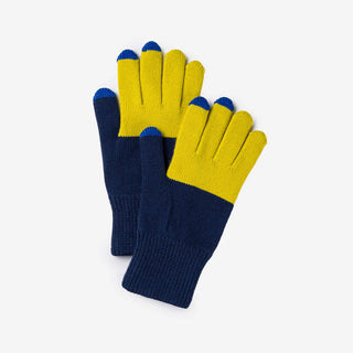 Pair of navy and yellow gloves on a white background