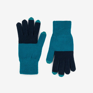Pair of teal and dark blue gloves on a white background