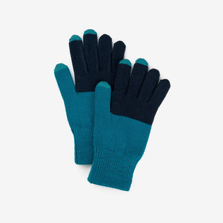 Pair of teal and dark blue gloves on a white background