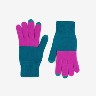 Pair of teal and pink gloves on a light gray background