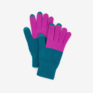Pair of teal and pink gloves on a white background
