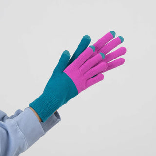 Pair of teal and pink gloves on a light gray background