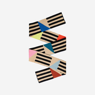 Colorful geometric-patterned scarf on a white background