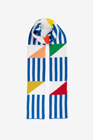 Colorful geometric-patterned scarf with blue stripes on a white background