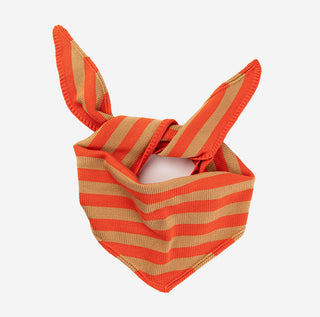 Orange and brown striped tied scarf on a white background