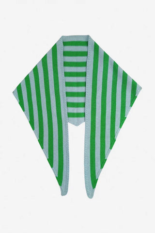 Green and light blue striped scarf on a light gray background