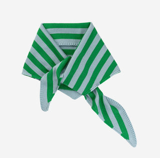 Green and gray striped scarf on a light gray background