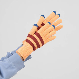 Pair of striped gloves with  blue fingertips on a light gray background